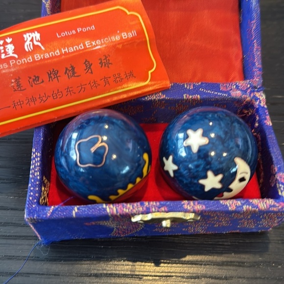 Lotus Pond Brand metal enamel hand exercise balls. Woven fabric box. Like new. - Picture 3 of 8
